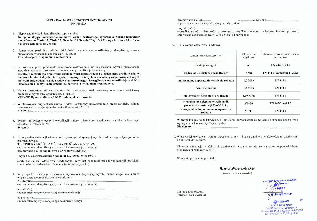Декларация Напольный обогреватель verano-deklaracja-1-2013-A