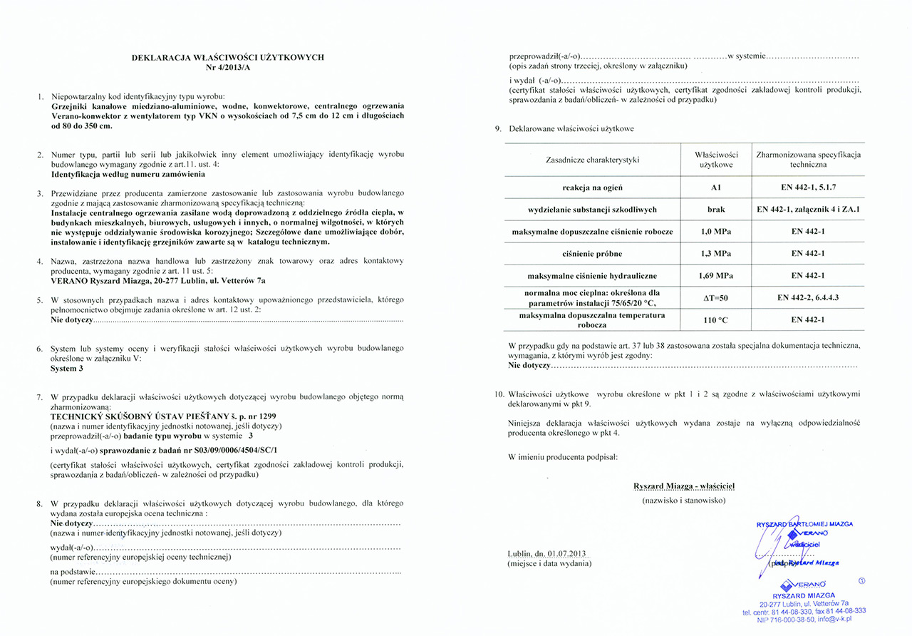 Декларация Канальный нагреватель тип VKN verano-deklaracja-4-2013-A