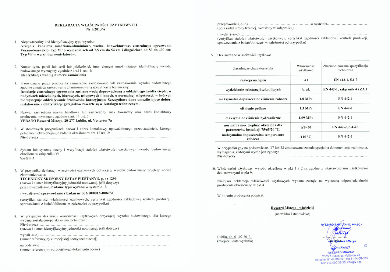 Декларация Канальный нагреватель тип VP verano-deklaracja-1-2013-A