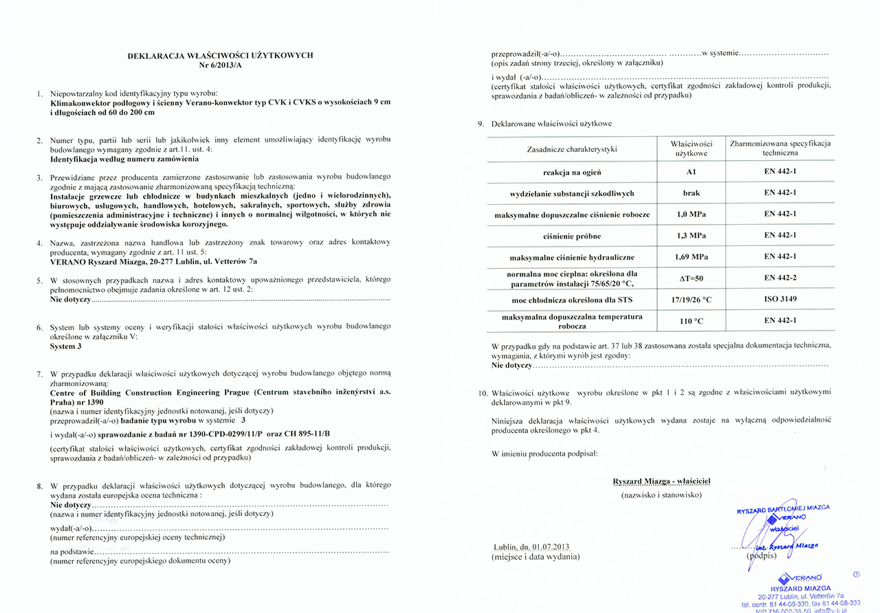 Декларация Кондиционер-конвектор Канальный и Настенный тип CVK и CVKS verano-deklaracja-4-2013-A